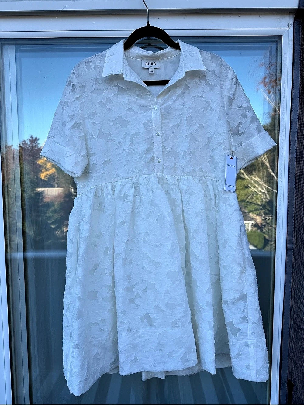 AURA Textured Collared Mini Dress in White Size Medium NWT